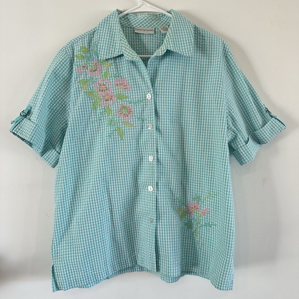 VTG Drapers & Damons Petites Top Short Button Slv Teal Gingham PL Beaded Flowers